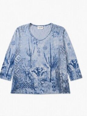 Cactus Bay Light Blue Crewneck 3/4 Length Sleeve Tee With Cactus And Sparkle, LG